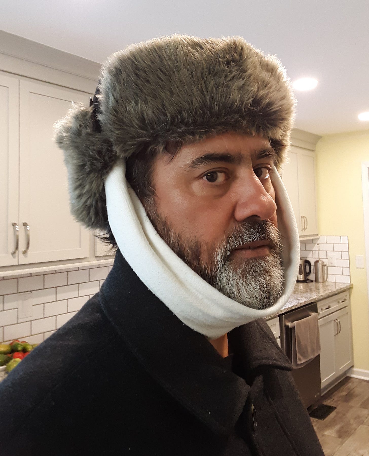 Bearded man cosplaying at Van Gogh in "Self-portrait with Bandaged Ear." Standing in a surprisingly tidy kitchen, the subject wears a fur-trimmed hunter's hat, a heavy coat, and a white bandage. He is giving the camera a three-quarters profile with side-eye.