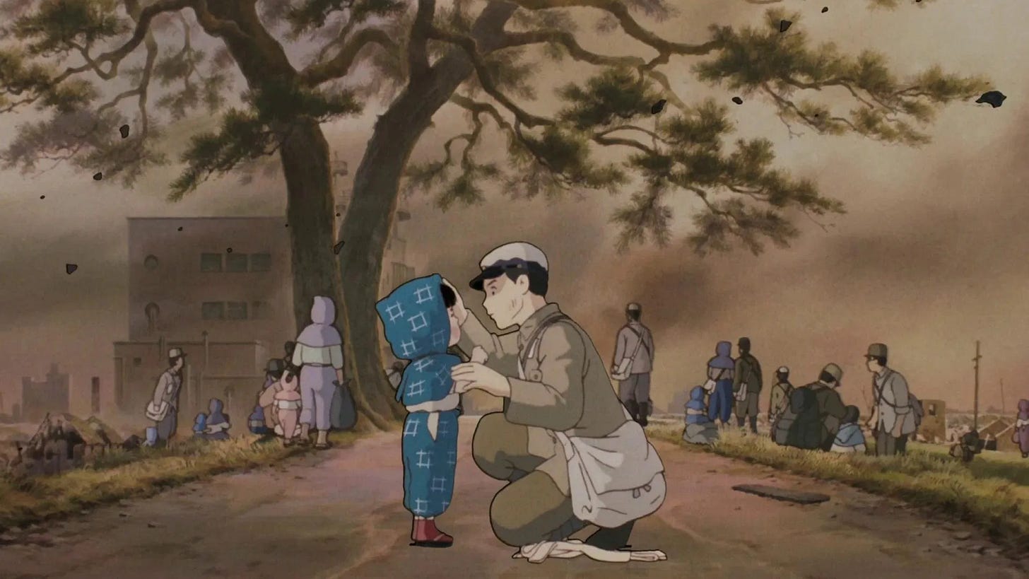 Grave of the Fireflies | Still features protagonist Seita watching over his sister Setsuko during WWII.