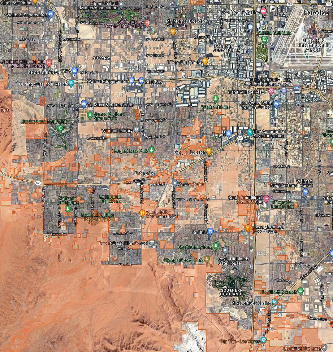 A map showing how BLM land is interspersed among suburbia in Las Vegas. A map showing how BLM land is interspersed among suburbia in Las Vegas.