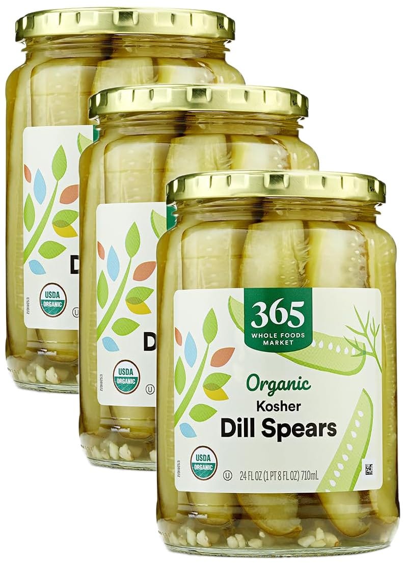 3 jars of 365 by Whole Foods Market, Organic Kosher Dill Pickle Spears, on a white background 3 jars of 365 by Whole Foods Market, Organic Kosher Dill Pickle Spears, on a white background