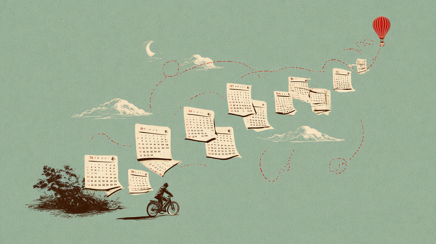 A route marked across scattered calendar pages from a bike to a hot air balloon.