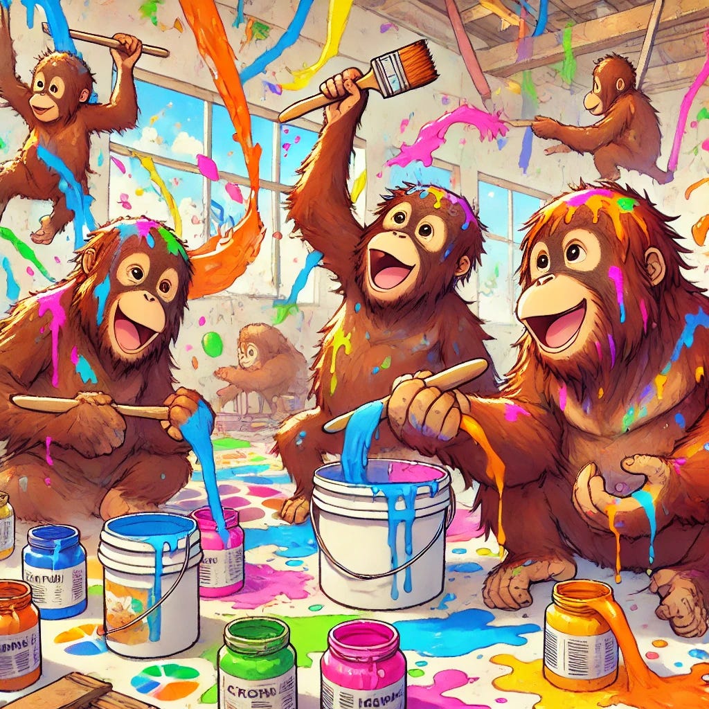 An anime-style image of orangutans throwing paint around. The scene is lively and colorful, with vibrant splashes of paint covering the walls and floor. The orangutans are joyfully engaged in the activity, some holding paint brushes and others with paint buckets. The background is a playful and creative environment, full of artistic energy.
