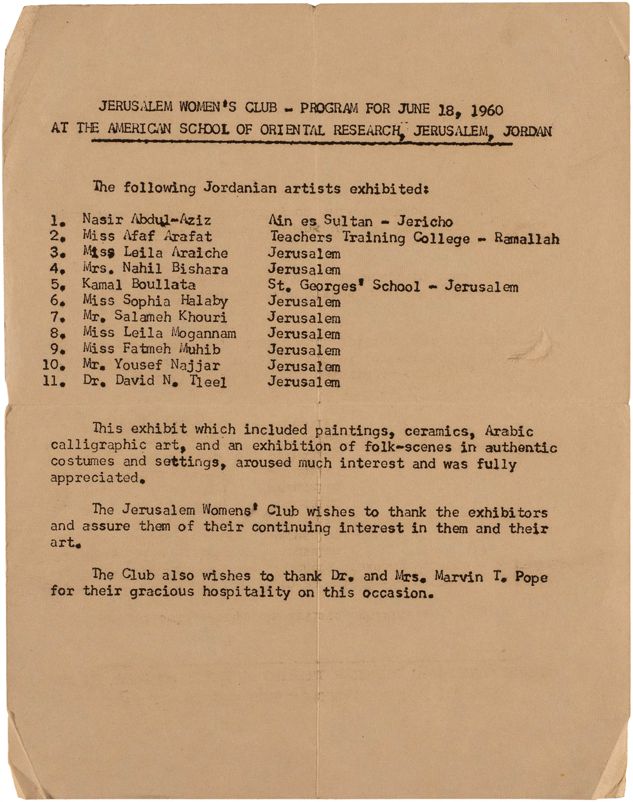 Jerusalem Women’s Club – Program for June 18, 1960, (announcement), The American School of Oriental Research, Jerusalem [The Omar al-Jallad Collection, The Palestinian Museum Digital Archive, The Palestinian Museum, Birzeit]