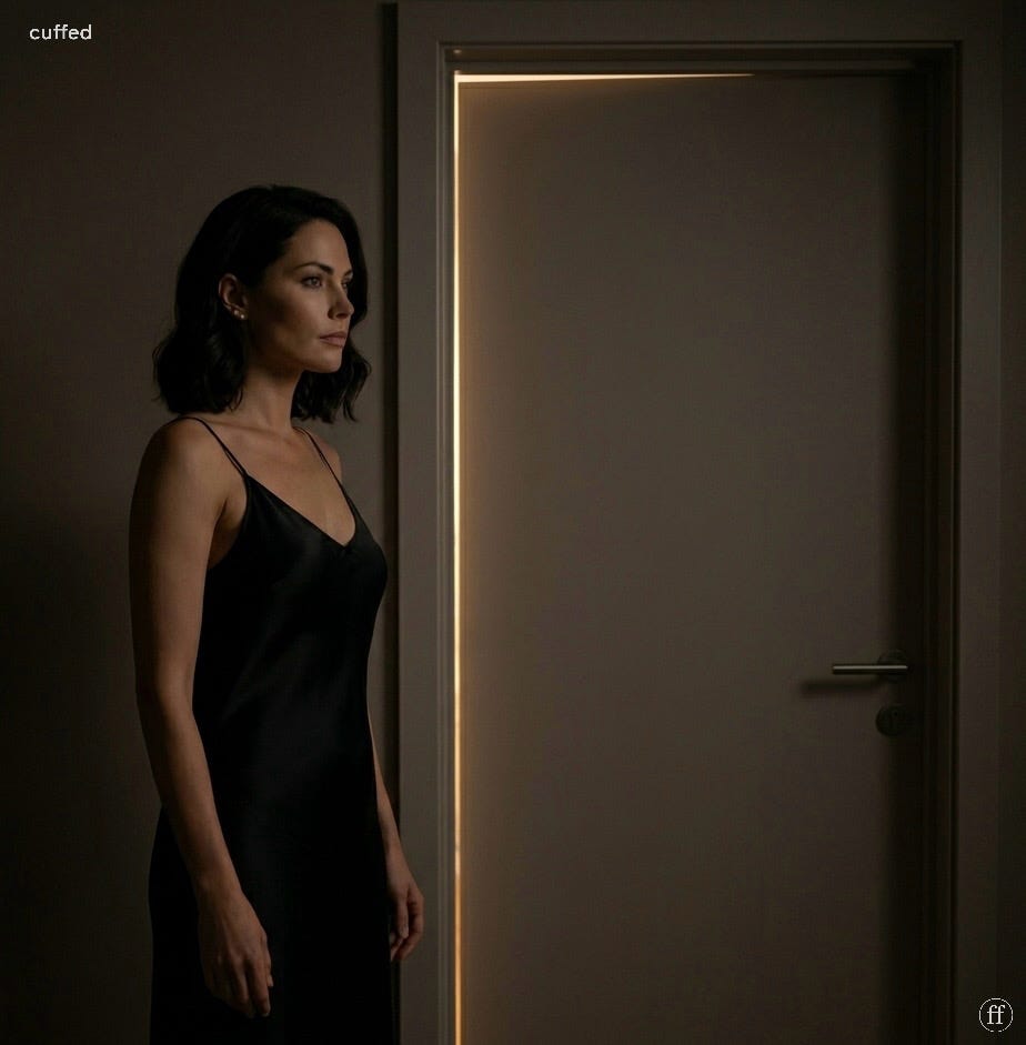 a woman in a black silk slip dress stands beside a closed door, light glowing from its edge. she faces forward, expression still, composed. dark room, chiaroscuro lighting. leather identity. masculine quote about transparency and emotional unavailability. cuffed ff logo bottom-right.