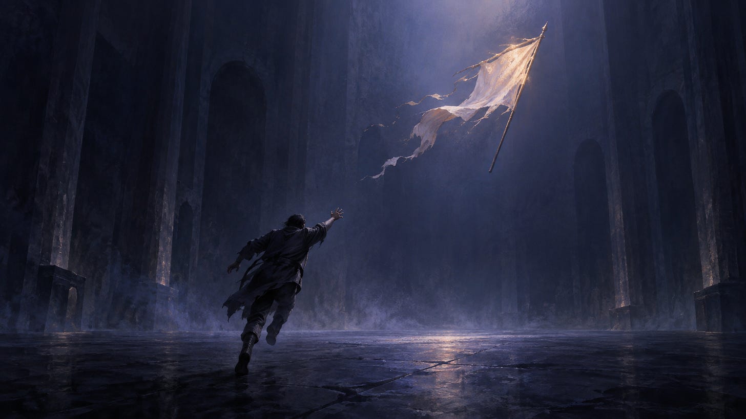 A lone figure runs through a vast, dark hall, reaching toward a tattered white banner suspended just beyond reach in a beam of light. A lone figure runs through a vast, dark hall, reaching toward a tattered white banner suspended just beyond reach in a beam of light.