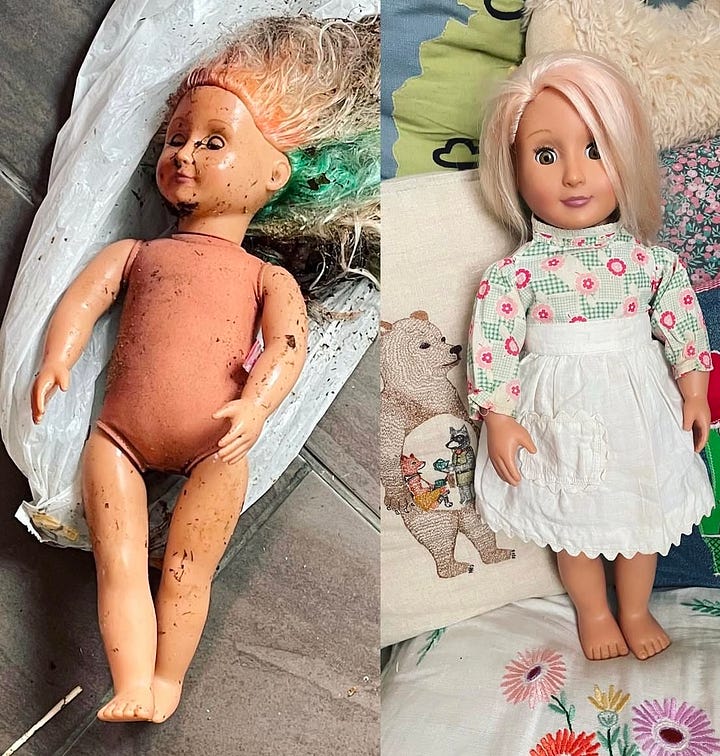A doll covered in construction plaster and leaves with tangled hair. Then lying in a towel with brushed hair. Then clean and dressed in nice clothes sitting next to a teddy bear.