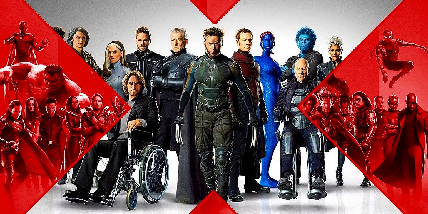 Most of the cast of the Fox X-Men movies flanked by images of the Avengers.