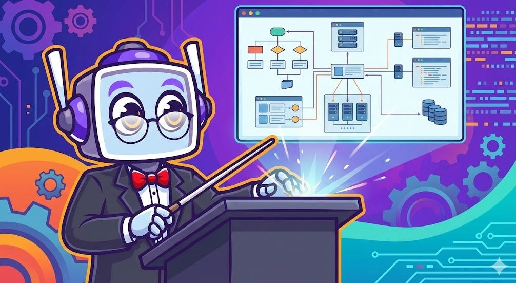 Cartoon robot character in a tuxedo and glasses taps a conductor's baton on a podium, causing a detailed system architecture diagram to appear on a screen above, against a colorful tech-themed background with gears and circuits.