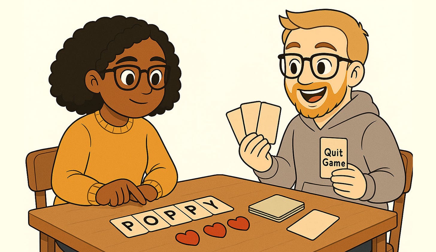 Cartoon of two friends playing a word game at a table. The woman is moving letter tiles, and the man holds cards, including one that says ‘Quit Game.’