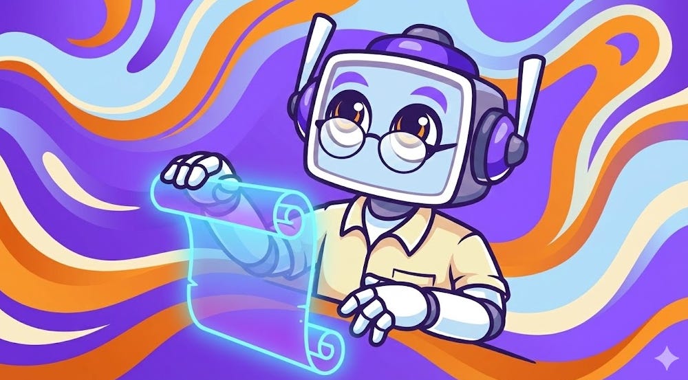 The Neuralbuddy robot character, wearing glasses and a beige shirt, holds a glowing blue holographic scroll while looking up thoughtfully. The background is a swirling pattern of purple, orange, and light blue colors.