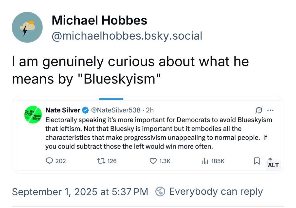 A screenshot of a social media post from X. Michael Hobbes is mentioned with the handle @michaelhobbes.bsky.social. Nate Silver is mentioned with the handle @NateSilver538. Text includes "I am genuinely curious about what he means by \"Blueskyism\"" and a quote from Nate Silver about Democrats and Blueskyism.