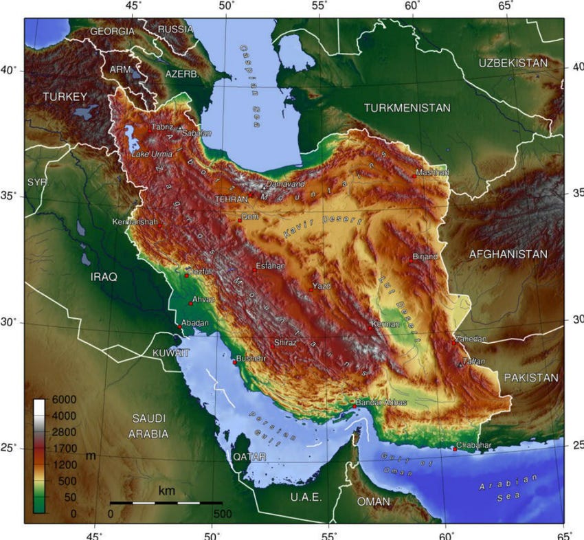Topographic map of Iran shows various physiographic regions (source ...