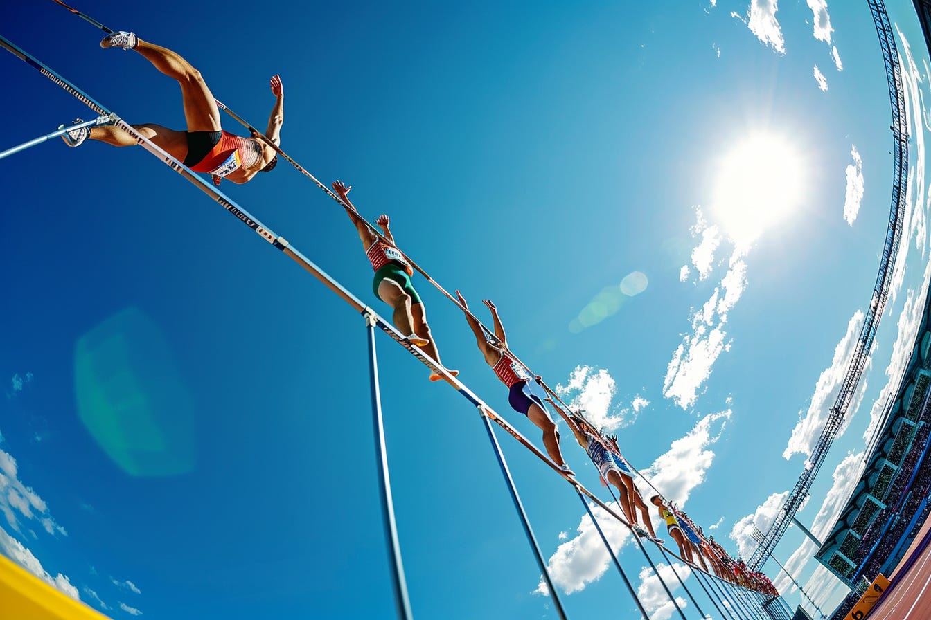 Pole vaulters at the Olympics, looking like they're standing on top of very tall pogo sticks