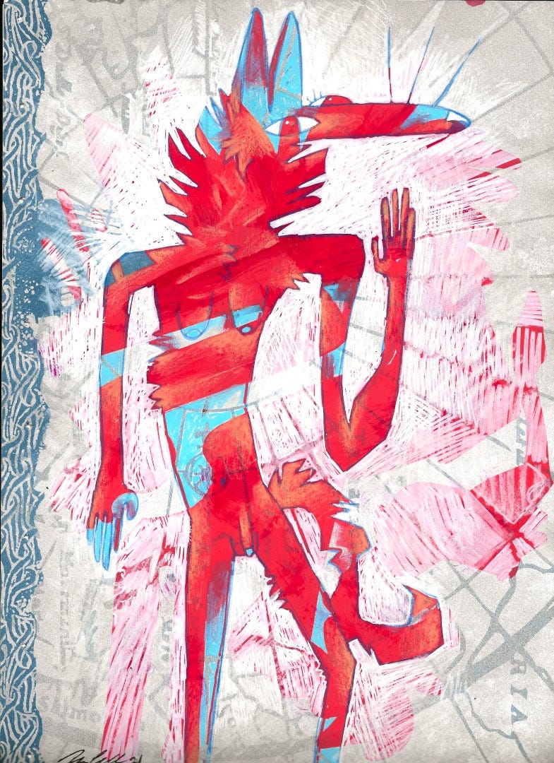A transfem standing red and blue anthropomorphic coyote figure, nude, holding one hand up. 
