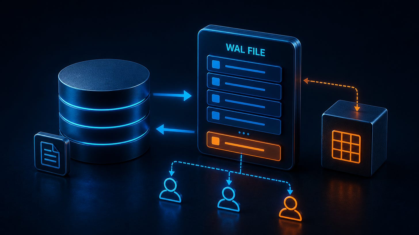 A diagram shows data flowing between a database, a "WAL FILE," and connected users. A diagram shows data flowing between a database, a "WAL FILE," and connected users.