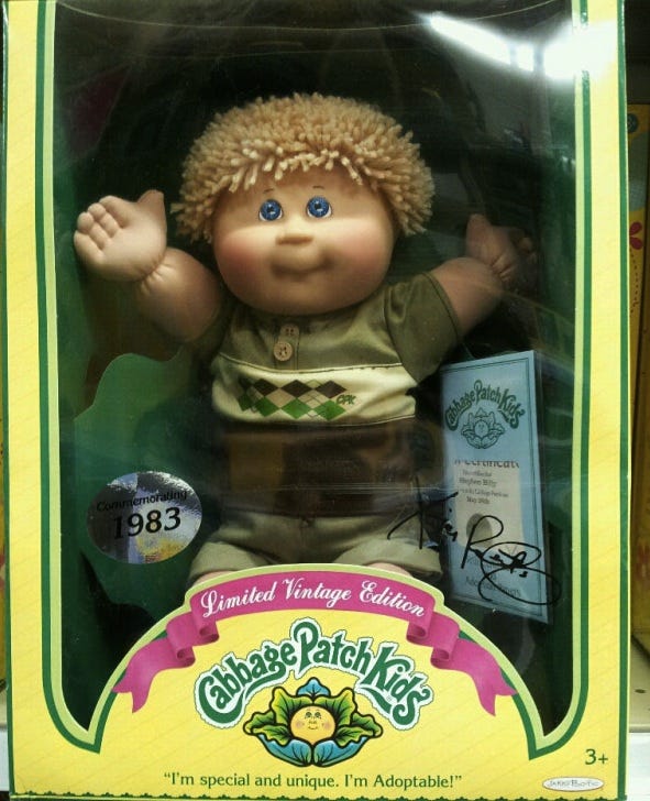 25th Anniversary Edition Cabbage Patch Kid doll, The original sculpted version of the Cabbage Patch Kid doll from 1977-1978, were first called Little People and were sold with birth certificates 25th Anniversary Edition Cabbage Patch Kid doll, The original sculpted version of the Cabbage Patch Kid doll from 1977-1978, were first called Little People and were sold with birth certificates