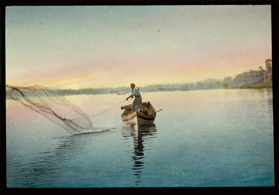 Title: Iraq (Babylonia). Euphrates River, fisherman throwing net, sunset scene 