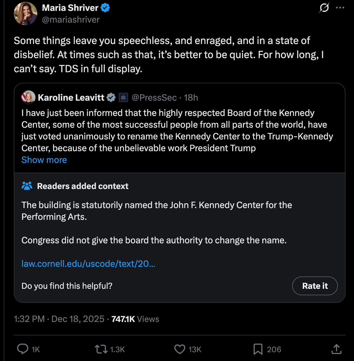 Shriver: Some things leave you speechless, and enraged, and in a state of disbelief. At times such as that, it’s better to be quiet. For how long, I can’t say. TDS in full display.