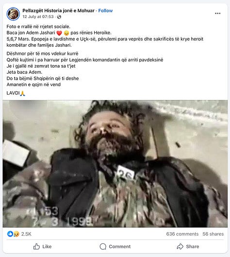 Përhapja e një fotografie të ndjeshme të komandantit Adem Jashari pas rënies së tij, si u shpërnda imazhi në rrjetet sociale nga: Tuit7.net, Gazeta Flash24, Informacioni i Ditës, Kosova Report dhe Pellazgët Historia jonë e Mohuar. Një fenomen shqetësues që ngre pyetje mbi etikën, qëllimin dhe ndikimin kolektiv. © Revista SPOTLIGHT.