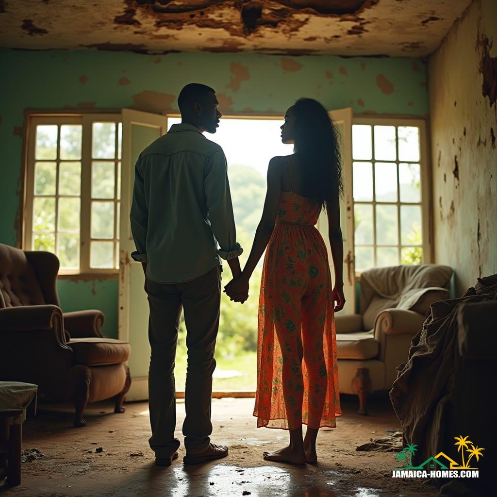 Mixed race black couple, him in a worn denim shirt, her in a bright floral dress, standing amidst the chaos of their newly purchased Caribbean home in Jamaica, their faces etched with shock, horror, and disappointment as they uncover the hidden defects, furniture and appliances askew, revealing mold-stained walls, shattered tiles, water damage, and cracks in the foundation. Sunlight pours through the open windows, casting a warm glow on the tropical landscape outside, but the interior's peeling paint, warped wooden floors, and signs of deliberate neglect tell a different story. The atmosphere is heavy with the weight of their shattered expectations, the excitement of new beginnings giving way to frustration and disillusionment. Shot in the style of cinematographers Emmanuel Lubezki and Roger Deakins, with the warmth and grit of 35mm film, evoking the cinematic mastery of Stanley Kubrick, with a hint of the dramatic flair of Terrence Malick, capturing the epic drama of a moment frozen in time, with a color palette that echoes the vibrancy of the Caribbean, yet muted by the melancholy of disappointment.