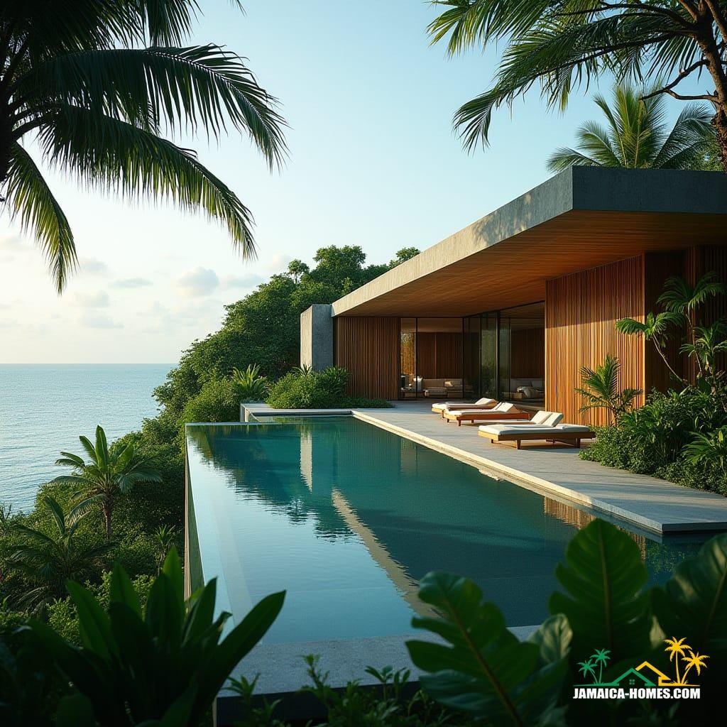 A modern Jamaican estate nestled amidst lush tropical foliage, blending seamlessly into its surroundings through the incorporation of sustainable elements such as solar panels and vibrant green walls. The contemporary concrete structure is elevated by warm wooden accents, which add a touch of organic elegance to the space. Large glass windows, reminiscent of a cinematic film set, invite an abundance of natural light to pour in, highlighting the sleek lines and minimalist aesthetic of the interior. The open-concept living space effortlessly merges indoor and outdoor areas, creating a sense of fluidity and freedom. The pièce de résistance is the infinity pool, which appears to blend seamlessly into the turquoise ocean below, creating a breathtaking visual effect. Inspired by the works of architects such as Rick Joy and John Pawson, this luxurious abode is a masterclass in understated sophistication, infused with the warmth and character of a tropical paradise. Shot on a V-Raptor XL, the image exudes a cinematic quality, with a subtle film grain and vignette adding depth and nuance to the composition. Color graded to perfection, the post-processed image is a stunning representation of modern luxury, evoking the timeless elegance of a 35mm film still.