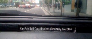 one driver's sign expressing his p.o.v. Toll Contributions Cheerfully Accepted