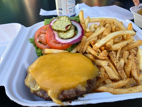 Cheeseburger and fries, tacos, pork and grilled carrots, salmon, corn on the cobkabob, salmon