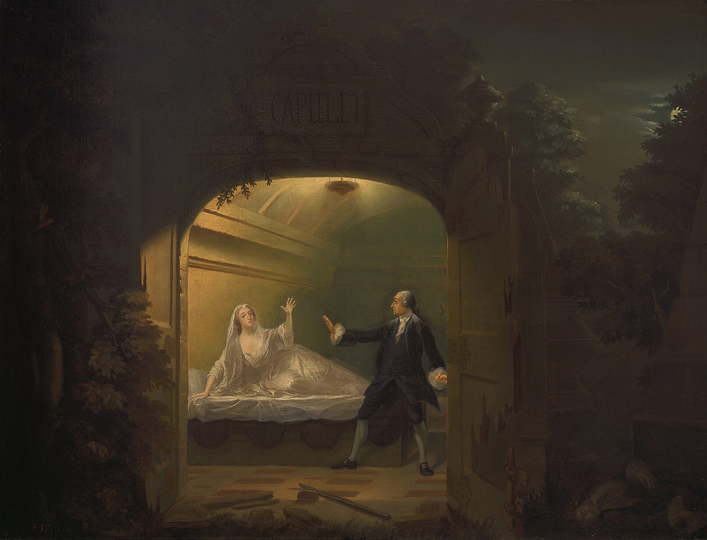 In a moonlit stone vault, an actor in eighteenth century dress steps back in shock as a young woman in white sits up from her tomb. In a moonlit stone vault, an actor in eighteenth century dress steps back in shock as a young woman in white sits up from her tomb.