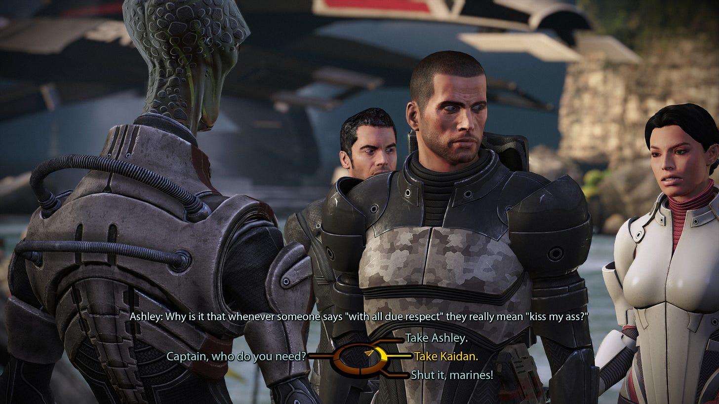 Gameplay screenshot of Mass Effect 1; Shepard has to decide between offering Ashley or Kaiden to the Captain, or choosing to berate the two.