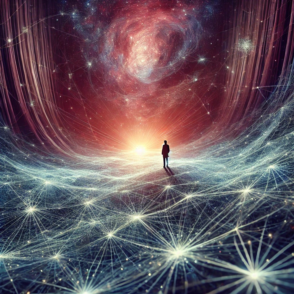 A visually striking image of a person standing at the edge of a vast, glowing web of interconnected threads, symbolizing relationality and awareness. The web extends infinitely into the cosmos, blending organic and digital elements. The person appears contemplative, illuminated by the soft glow of the web, representing a shift in perception and consciousness. The atmosphere is both mystical and futuristic, evoking a sense of profound interconnectedness and transformation.