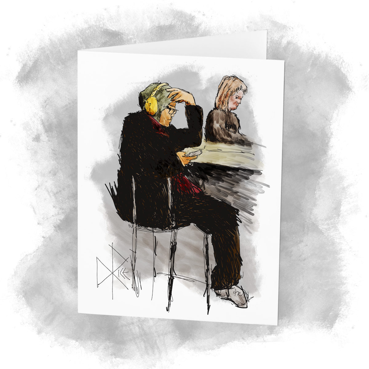 Patrons of a coffee shop sit at tall stools as they direct their attention to their mobile phones. Sketch art by Don Rice.
