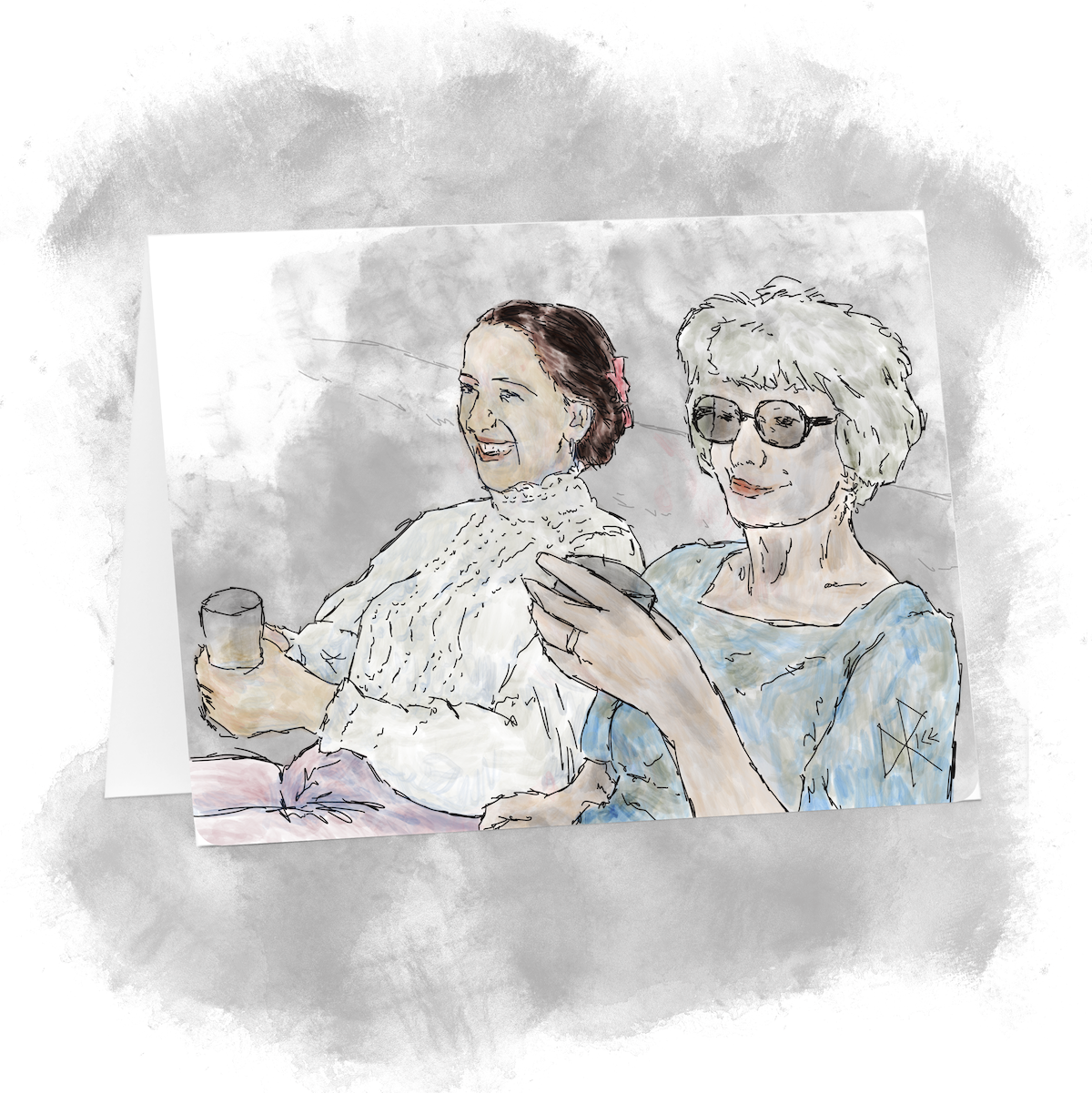 Two women seated next to each other on a sofa, with drinks in their hands and smiles on their faces. Sketch art by Don Rice.
