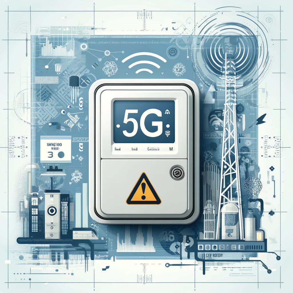 A square image focusing on smart meters and 5G technology. The image should feature a smart meter with a caution sign prominently displayed. Surrounding the smart meter, there should be elements representing 5G technology, such as signal waves or a 5G tower. The background can include abstract designs or patterns that convey technology and connectivity, using a professional color scheme with shades of blue and grey. A square image focusing on smart meters and 5G technology. The image should feature a smart meter with a caution sign prominently displayed. Surrounding the smart meter, there should be elements representing 5G technology, such as signal waves or a 5G tower. The background can include abstract designs or patterns that convey technology and connectivity, using a professional color scheme with shades of blue and grey.