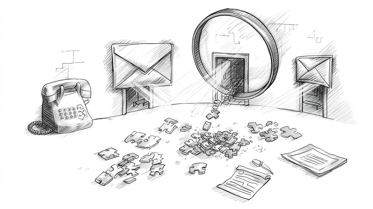 Open communication channels as doors with magnifying glass collecting evidence puzzle pieces Open communication channels as doors with magnifying glass collecting evidence puzzle pieces