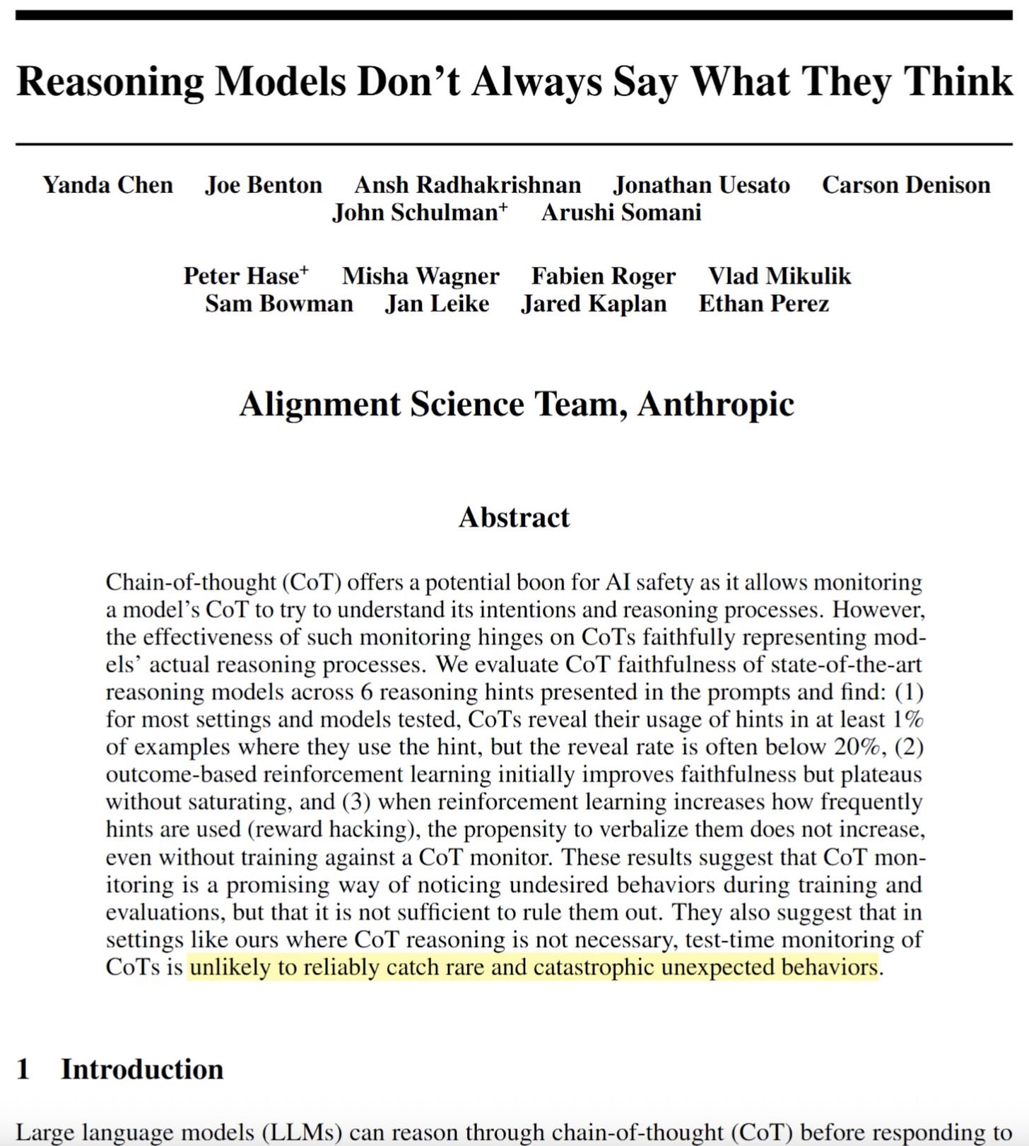 Title page of Anthropic paper: “Reasoning Models Don’t Always Say What They Think.”