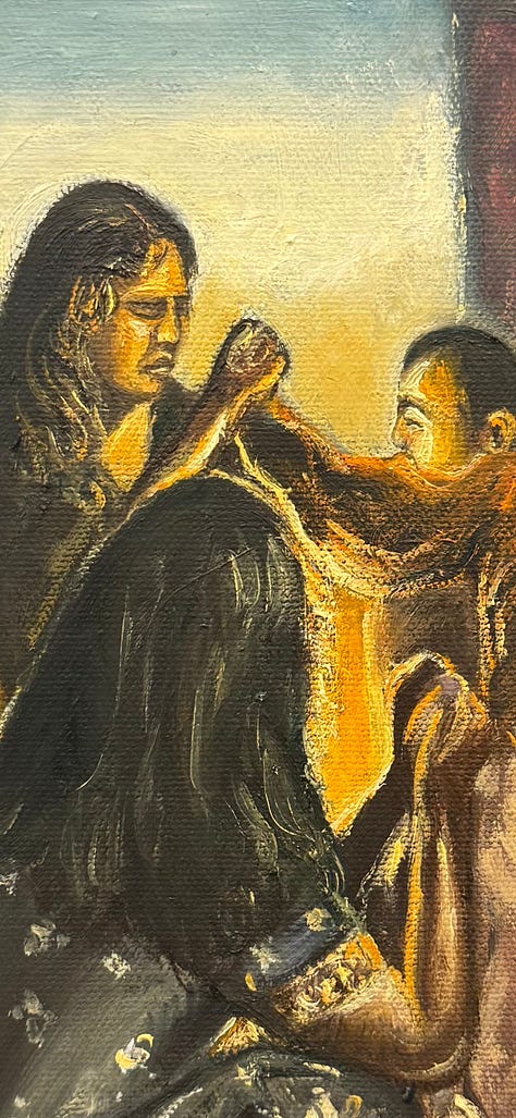 Three close-up details of Raghav Babbar's paintings in the gallery, thickly painted in gold and near-black: a young man resting his hand against his ear, a woman in an ochre wrap at the edge of a night crowd, and an older woman with white hair facing a boy with his eyes screwed shut.