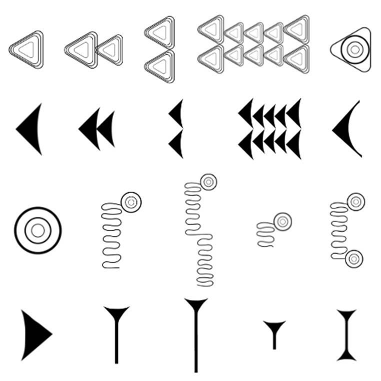 A collection of different shapes representing cuneiform wedge marks and counterpart alien glyphs of Threlraan.