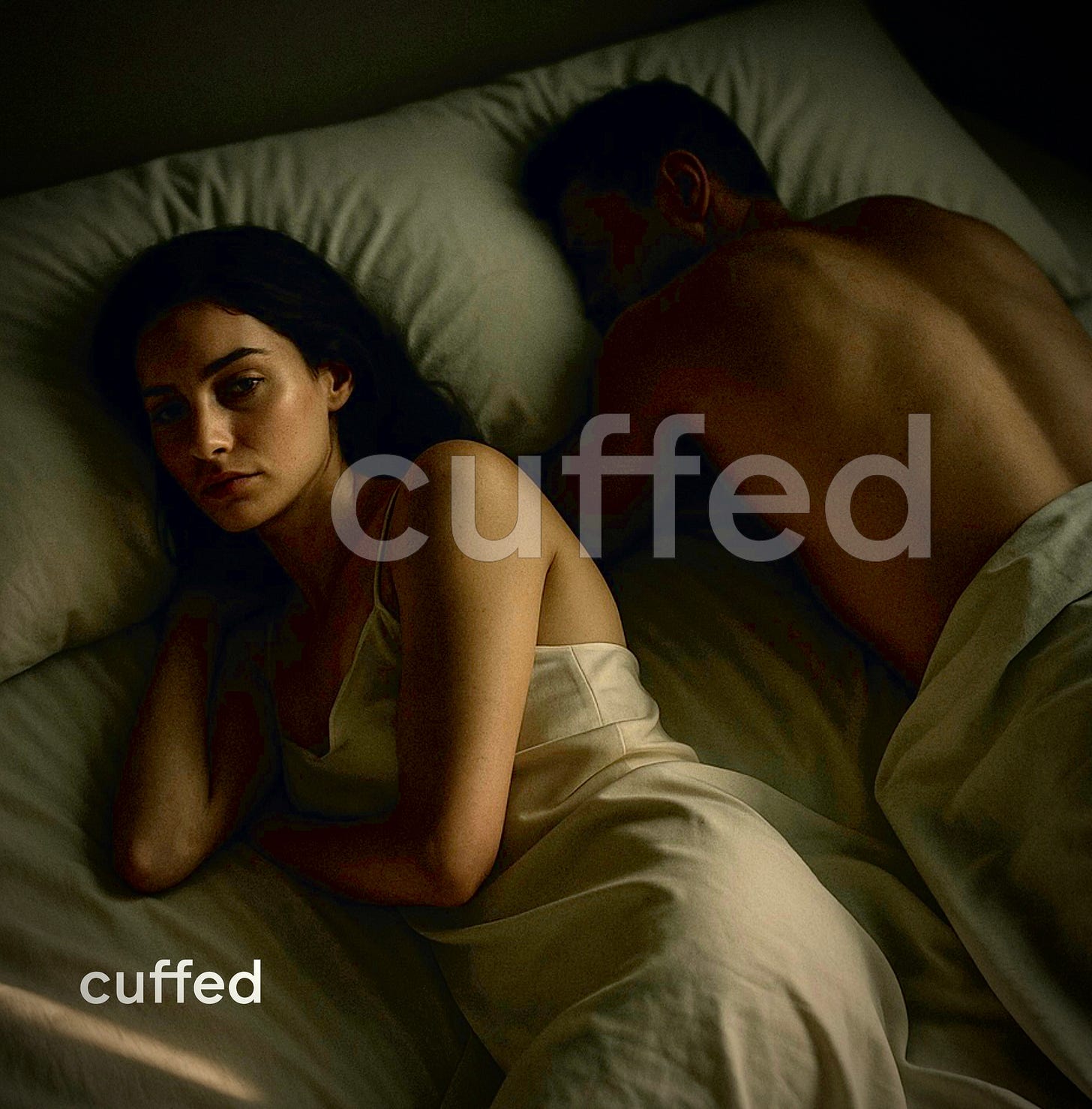 A woman in a cream slip lies awake in bed, facing the camera with a distant, pained expression. Beside her, a shirtless man lies turned away, asleep. Soft morning light filters in, casting emotional weight across the scene. Visual for cuffed musing no. 12: “sometimes the loneliest place is right next to someone who doesn’t see you.”