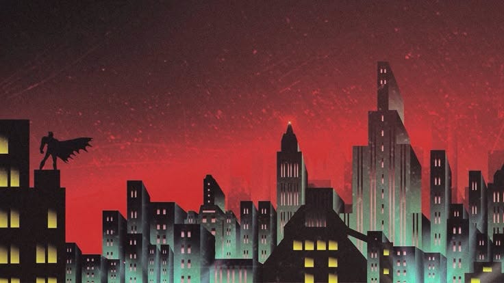 This may contain: an image of a city at night with buildings lit up in red and green lights