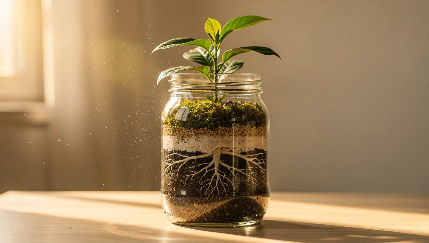 A young plant growing inside a transparent glass jar, with well-established visible roots and neatly layered soil, lit by warm golden light coming through a side window. Minimalist editorial style, deep green, gold and beige tones. Centered composition, blurred neutral cream-toned background. The image conveys sustained growth, patience and long-term stability. No text, no people, no logos. Soft cinematic lighting, high quality, professional photographic look.