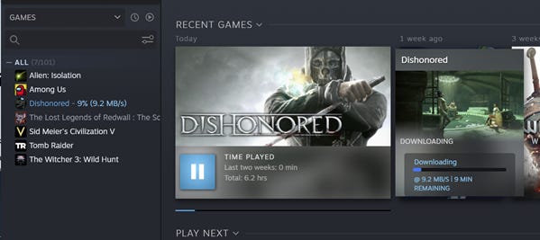 Steam dashboard on download