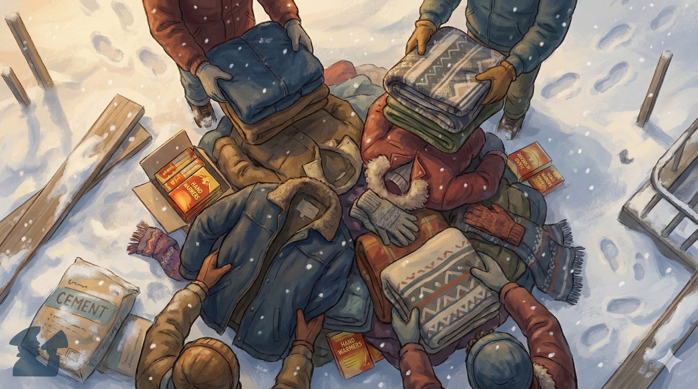 Illustration of protestes bringing warm clothes to construction workers who have been trapped by ICE