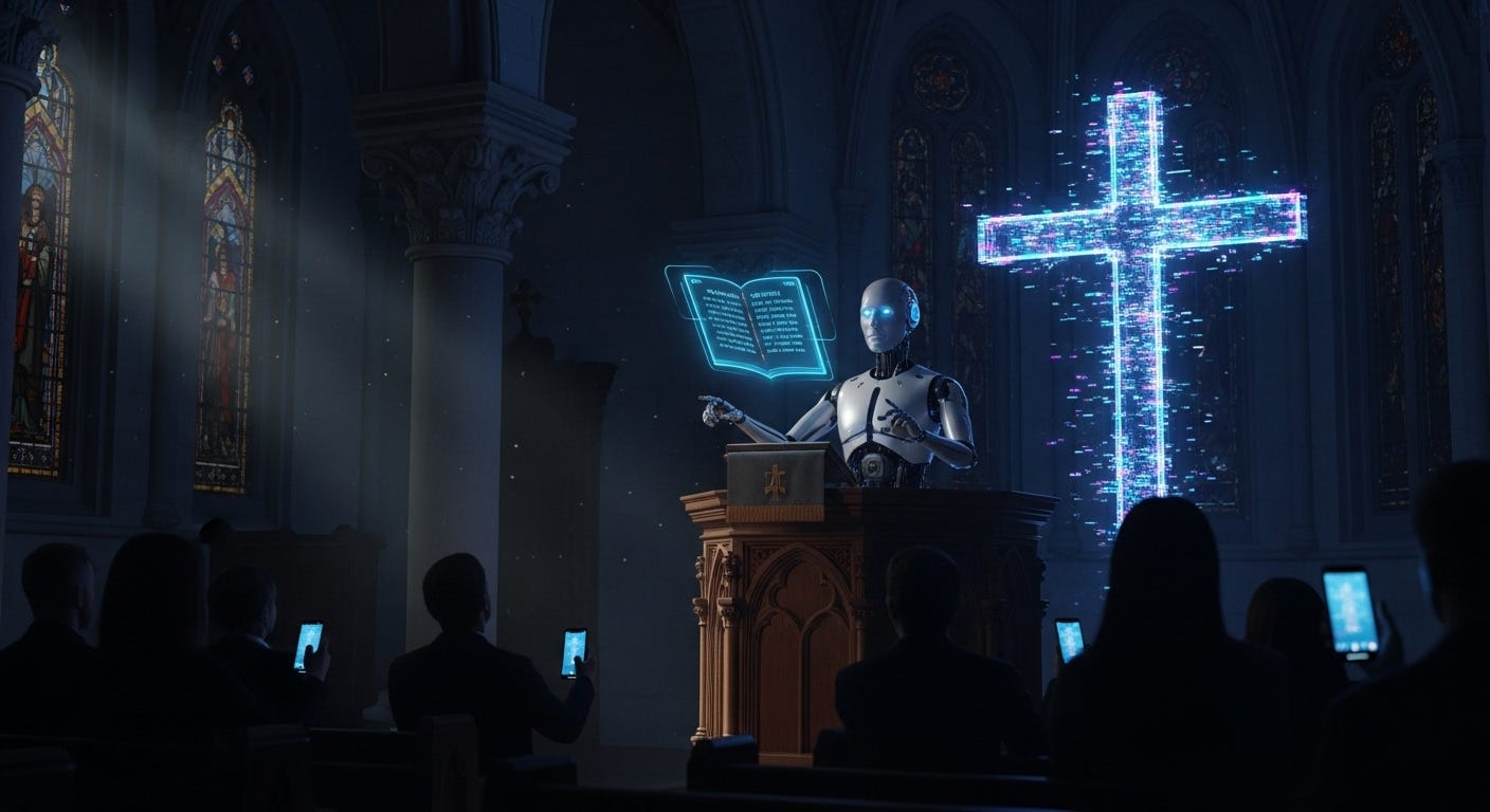 A humanoid robot delivering a sermon from a church pulpit while worshippers stare at glowing phone screens, symbolizing artificial intelligence replacing religion.
