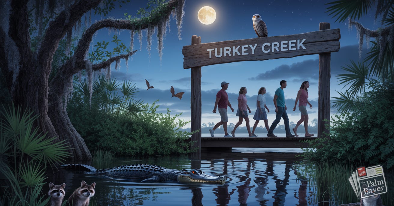 Families cross the moonlit boardwalk entrance of Turkey Creek Sanctuary, watched over by a barred owl perched atop the arch. Native nocturnal animals, including an alligator, raccoons, opossum, and bats, are visible among the lush swamp vegetation, capturing the magical spirit of the sanctuary after dark. Families cross the moonlit boardwalk entrance of Turkey Creek Sanctuary, watched over by a barred owl perched atop the arch. Native nocturnal animals, including an alligator, raccoons, opossum, and bats, are visible among the lush swamp vegetation, capturing the magical spirit of the sanctuary after dark.