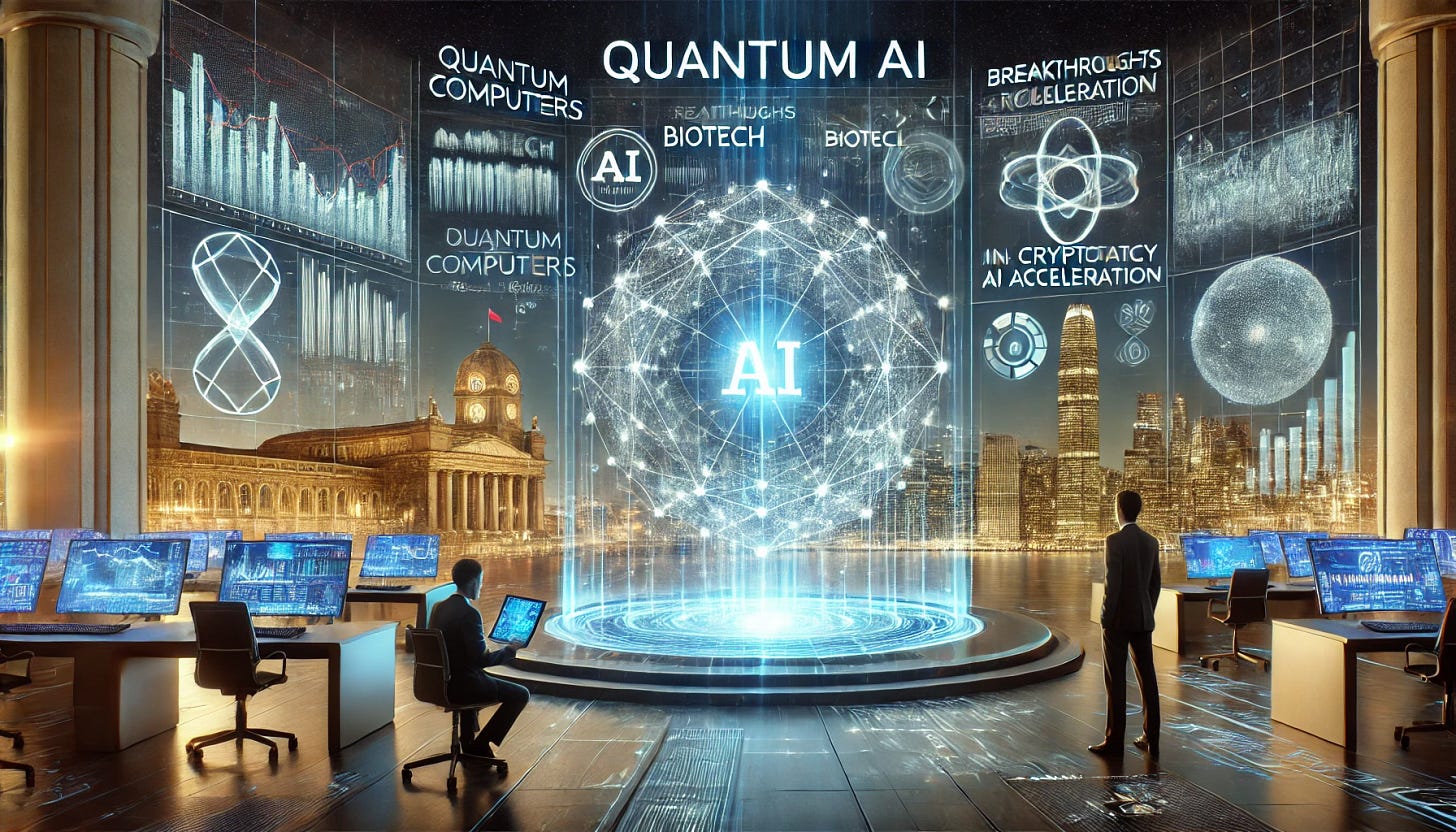 A futuristic investment landscape focused on Quantum AI. A sleek, high-tech financial hub with quantum computers glowing in the background, investors analyzing holographic stock charts, and AI-driven simulations displaying breakthroughs in biotech, cryptography, and AI acceleration. The setting is modern and cutting-edge, showcasing the intersection of finance and advanced quantum technology.