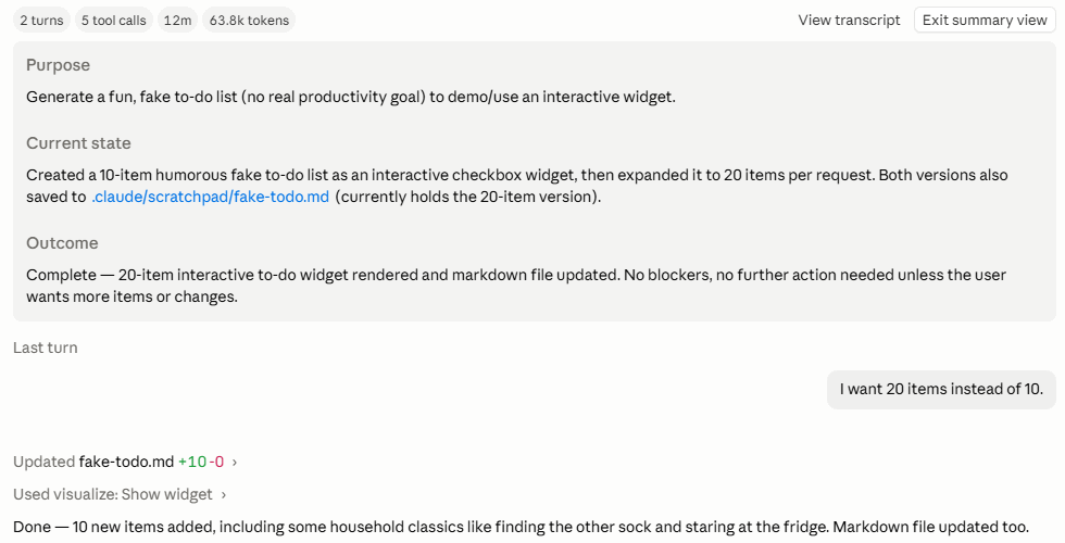 Claude Desktop chat in Summary transcript view showing the session's purpose, current state, outcome, and last turn exchanged. Claude Desktop chat in Summary transcript view showing the session's purpose, current state, outcome, and last turn exchanged.