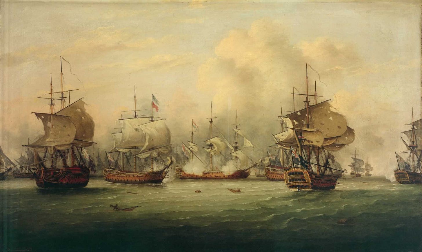 A painting of English and Dutch ships firing at each other at the Battle of Dogger Bank 5 August 1781