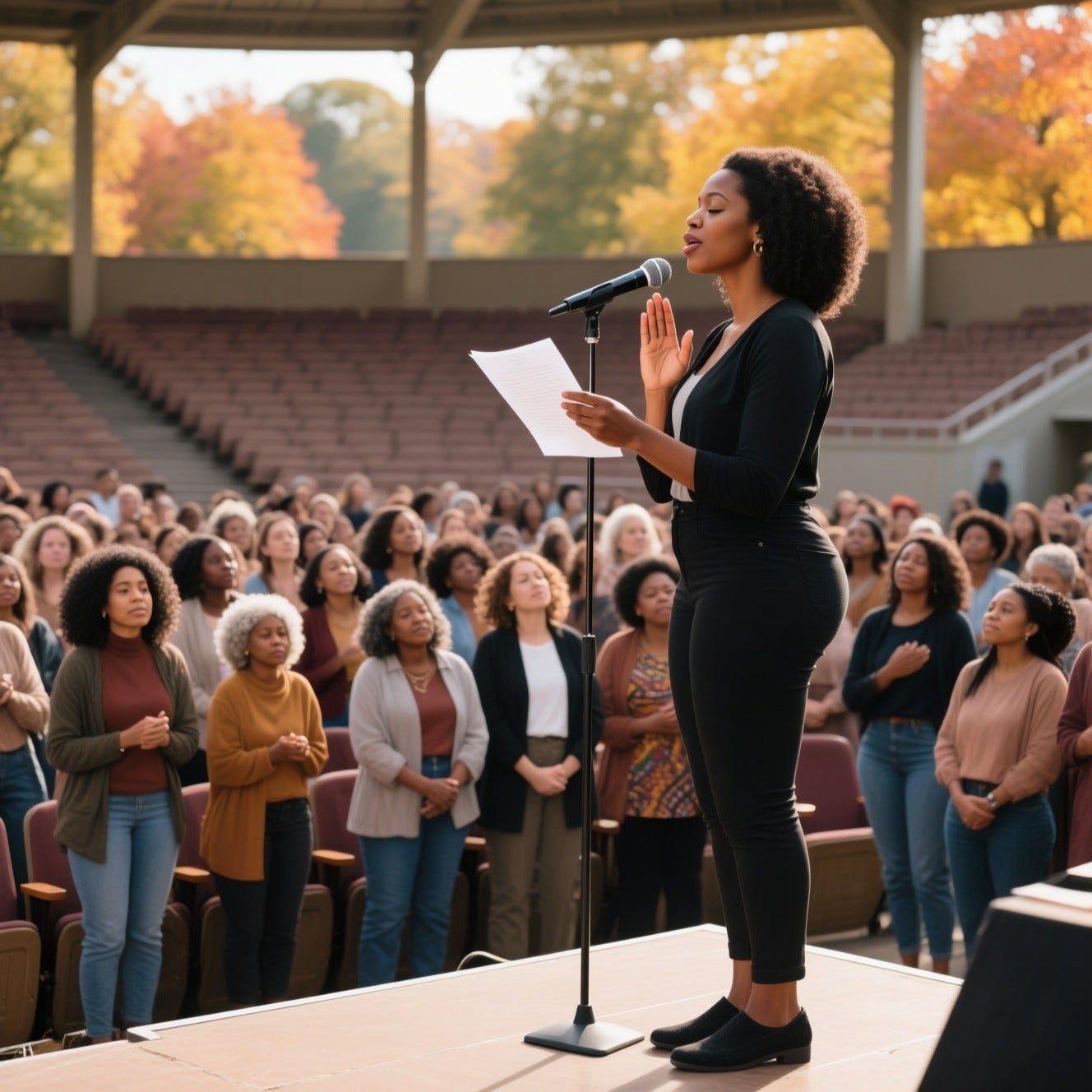 Provide me a realistic image of an African American woman standing with a microphone praying with a crowd of women listening in an outdoor auditorium in the fall. She is holding a paper as a leader. The crowd is women of all ages and nationaliality and wearing urban wear, hair not wrapped. in the summer time. She is on a platform Provide me a realistic image of an African American woman standing with a microphone praying with a crowd of women listening in an outdoor auditorium in the fall. She is holding a paper as a leader. The crowd is women of all ages and nationaliality and wearing urban wear, hair not wrapped. in the summer time. She is on a platform