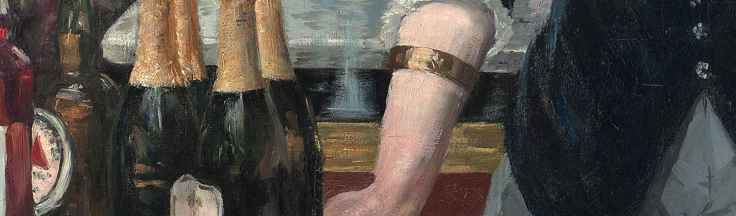 Detail of Manet's A Bar at the Folies Bergère: the gold frame of the mirror running horizontally at the level of the barmaid's wrists, next to her gold bracelet. Detail of Manet's A Bar at the Folies Bergère: the gold frame of the mirror running horizontally at the level of the barmaid's wrists, next to her gold bracelet.