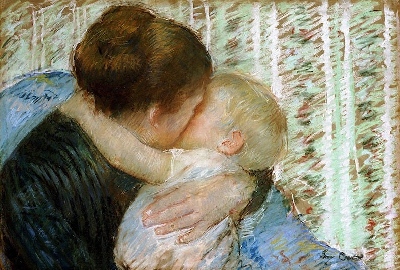 May include: A pastel painting of a mother holding a child close. The mother is wearing a blue dress and the child is wearing a white dress. The background is a light green and white.
